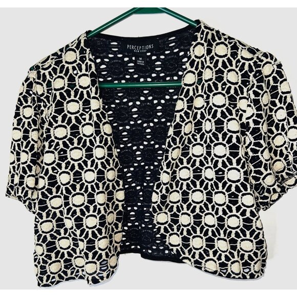 Black & Beige Open-Front Crochet Bolero Jacket Short Sleeve Medium Polyester - Picture 1 of 4